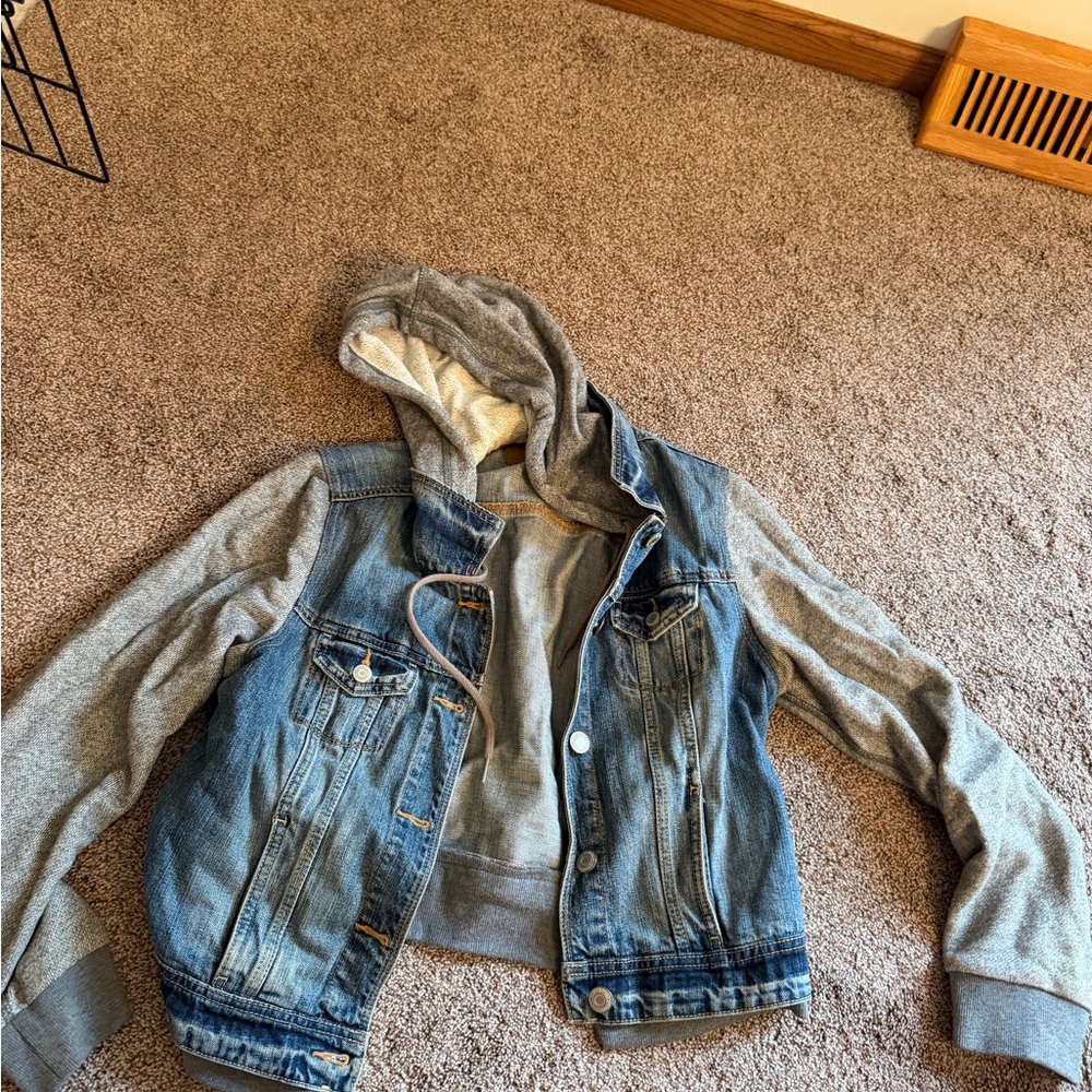 American Eagle Outfitters Blue Denim and Gray Hoodie Jacket